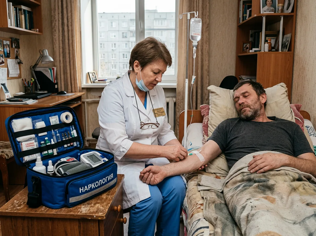 Врач-нарколог в белом халате ставит капельницу пациенту на дому в Екатеринбурге, медицинская сумка с оборудованием на столе