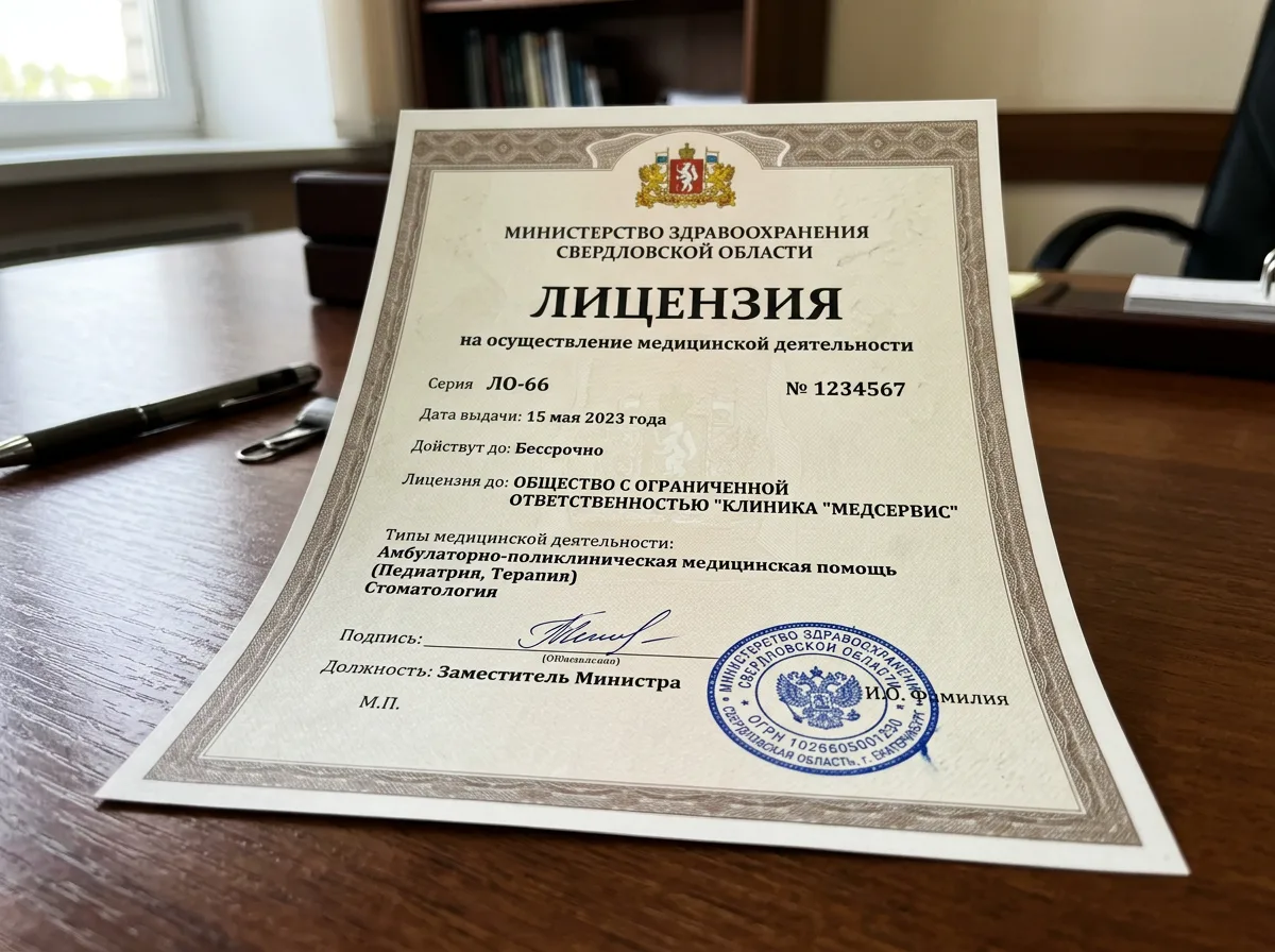Лицензия Министерства здравоохранения Свердловской области на осуществление медицинской деятельности — официальный документ с синей печатью