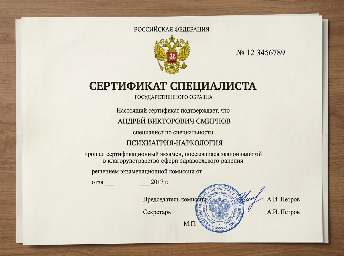 Сертификат специалиста психиатра-нарколога Росздравнадзора — документ государственного образца с подписью и гербовой печатью