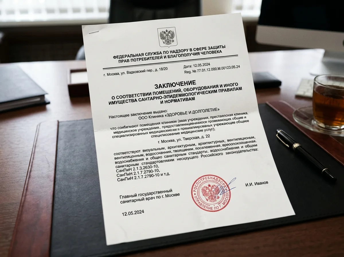 Заключение Роспотребнадзора о соответствии помещений клиники санитарным нормам СанПиН — официальный бланк с печатью